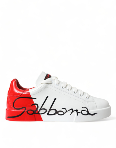 Dolce & Gabbana White Red Leather Logo Low Top Trainers Men Shoes