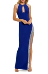 Mac Duggal Rhinestone Slit Halter Neck Jersey Sheath Gown In Cobalt