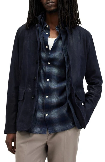 Allsaints Survey Double Layered Leather Blazer In Mcway Blue