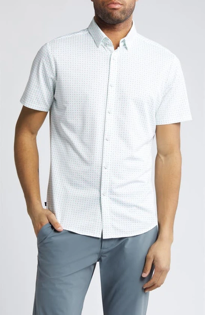 Mizzen + Main Haylard Neat Short Sleeve Performance Knit Button-up Shirt In White/ Blue