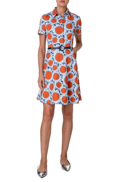 Akris Punto Hello Sunshine Floral Belted Denim Shirtdress In Ink-orange