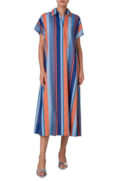 Akris Punto Deck Chair Stripe-print Short-sleeve Midi Shirtdress In Denim-multicolor