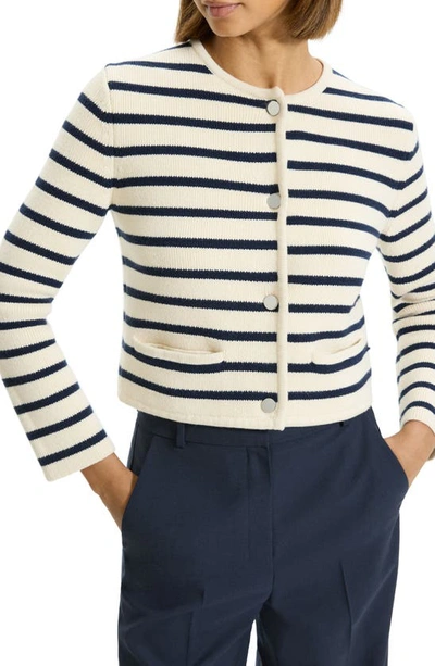 Theory Waverly Cotton Stripe Cropped Jacket In Cream Bright Navy