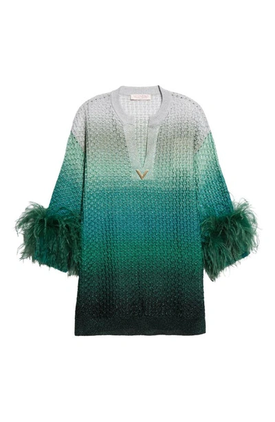 Valentino Feather-trimmed Dégradé Metallic Knitted Mini Dress In Green