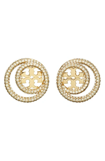 Tory Burch Miller Pavé Crystal Circle Logo Stud Earrings In Tory Gold / Crystal