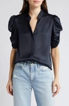 Frame Puff Sleeve Silk Button-up Shirt In Navy