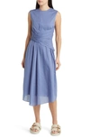 Frame Ruched Sleeveless Cotton Midi Dress In Coastal Blue