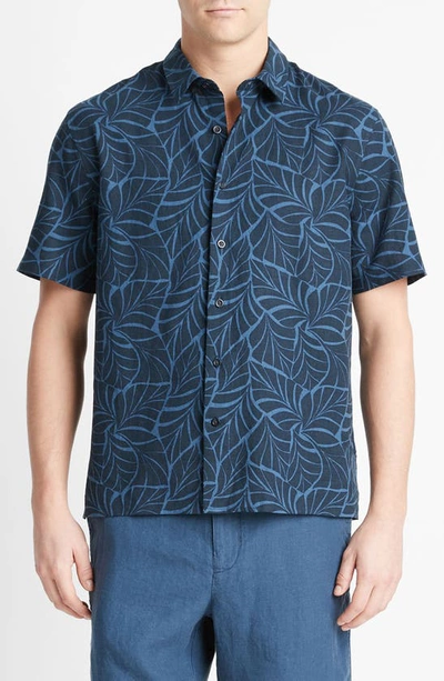 Vince Knotted Leaves Linen Blend Short Sleeve Button-up Shirt In Dark Washed Indigo