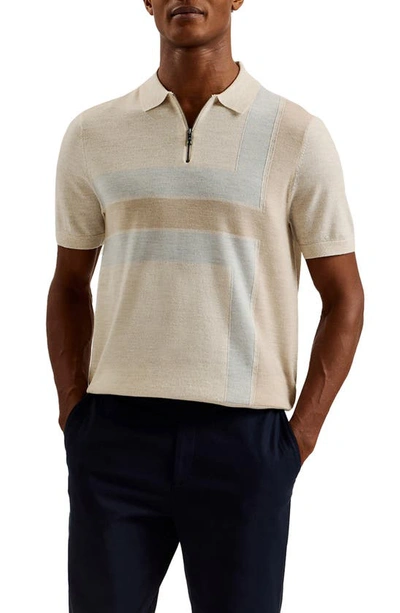 Ted Baker Ambler Colourblock Short Sleeve Wool Polo Jumper In Taupe