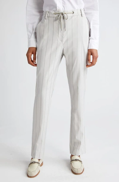 Eleventy Slim Fit Stripe Drawstring Waist Virgin Wool Blend Trousers In Ivory