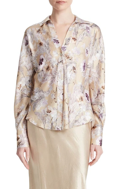 Vince Wild Flower Long-sleeve Bias Silk Blouse In Sand