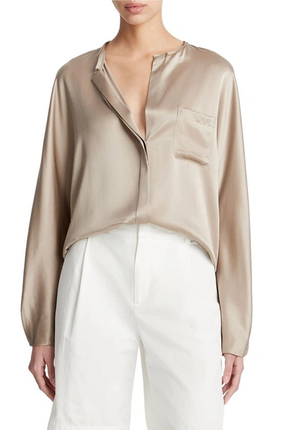 Vince Raw-edge Button-front Silk Blouse In Pale Nut
