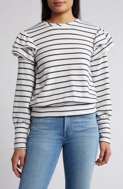 Caslon Stripe Ruffle Shoulder Sweatshirt Top In Ivory Cloud-navy Bailey Stripe