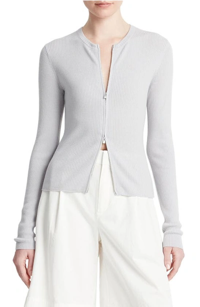 Vince Slim Ribbed Wool-blend Cardigan In Light Heather Grey