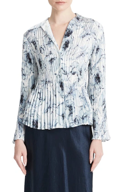 Vince Washed Lily Pleated Long-sleeve Blouse In Pale Azure