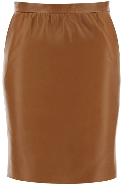 Saint Laurent Leather Skirt With Back Slit In Brown