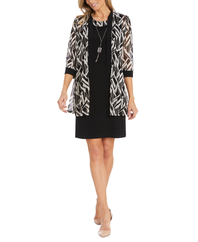 R & M Richards Petite Printed Chiffon Jacket & Necklace Dress Set In Black And White
