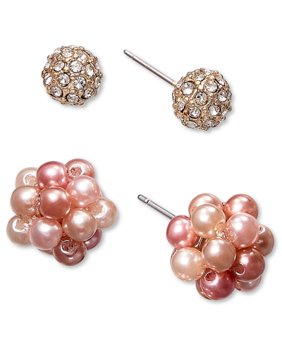 Charter Club Gold-tone 2-pc. Set Imitation Pearl Cluster & Crystal Fireball Stud Earrings, Created For Macy's In Multi