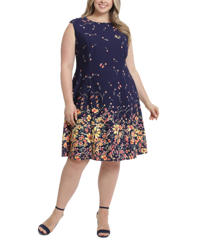 London Times Plus Size Printed Fit & Flare Dress In Navy Gold