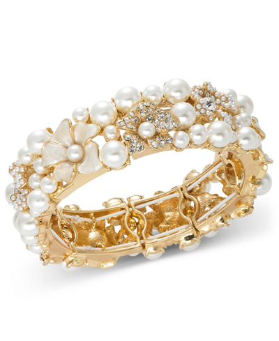 Charter Club Gold-tone Imitation Pearl & Crystal Flower Stretch Bracelet, Created For Macy's In White