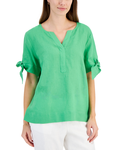 Charter Club Women's 100% Linen Split-neck Tie-cuff Top, Created For Macy's In Green Flash