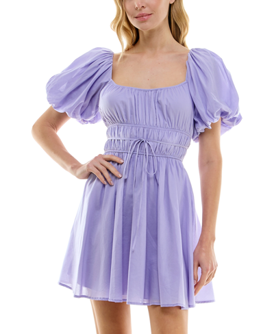 B Darlin Juniors' Puff-sleeve Tie-waist Dress In Lilac