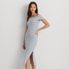 Lauren Petite Striped Off-the-shoulder Midi Dress In White/pale Azure