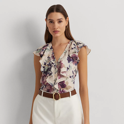 Lauren Ralph Lauren Floral Linen Flutter-sleeve Shirt In Cream Multi
