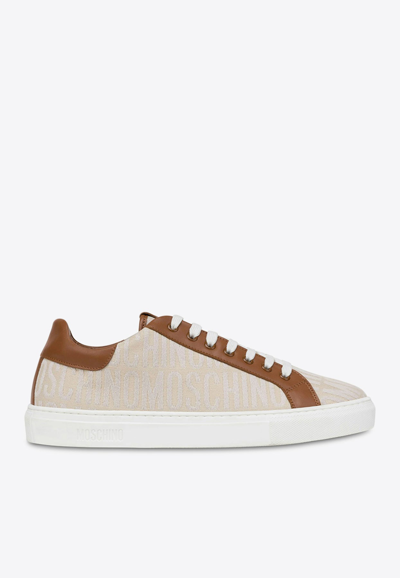 Moschino Embroidered-logo Panelled-leather Sneakers In Beige