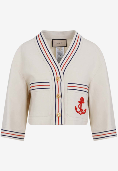 Gucci Anchor-embroidered Linen-blend Cropped Jacket In Off-white