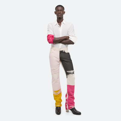 Helmut Lang Colorblock Distressed Silk Chiffon Panel Straight Leg Jeans In Cream Multi