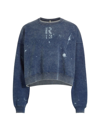 R13 Women's Distressed Cotton Crop Sweatshirt In Indigo Blue