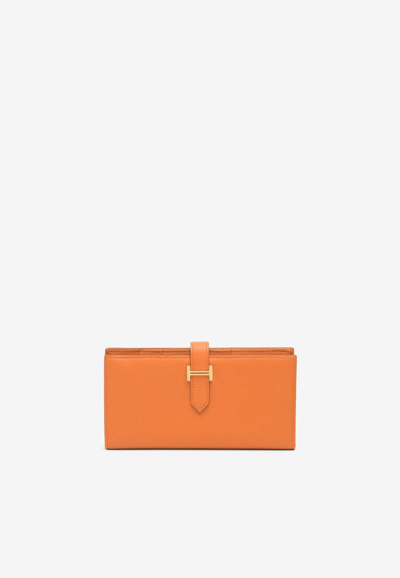 Hermes Bearn Wallet In Orange Chevre Mysore Leather With Gold Hardware