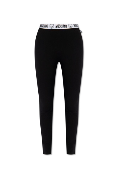 Moschino Flocked Logo-waistband Cotton Leggings In Black