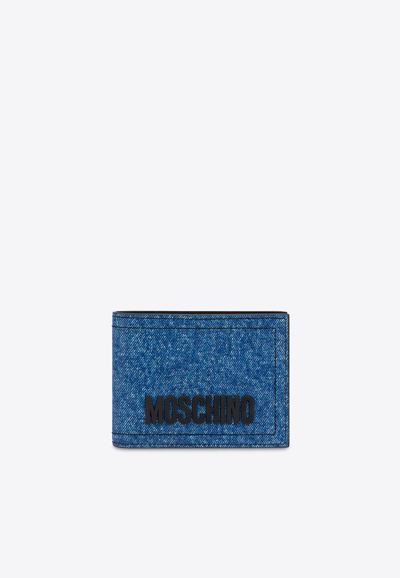 Moschino Bi-fold Wallet In Denim Print Leather In Blue