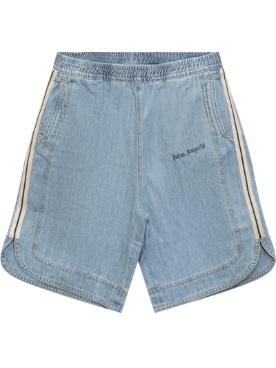 Palm Angels Kids' Logo-print Cotton Denim Shorts In Blue