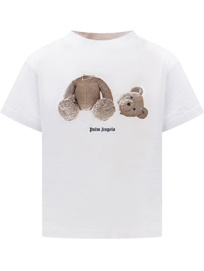 Palm Angels Kids' T-shirt With Bear Print In White Brown