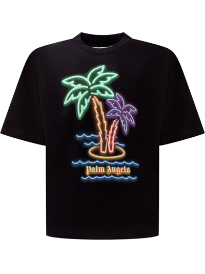 Palm Angels Kids' Black T-shirt For Boy With Palm Tree In Black Mint