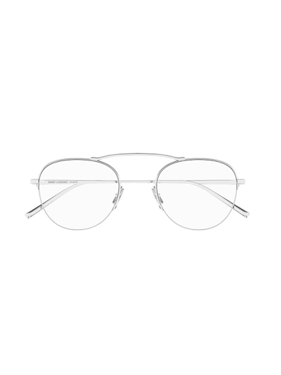 Saint Laurent Logo-engraved Round-frame Glasses In 001 Silver Silver Transpa