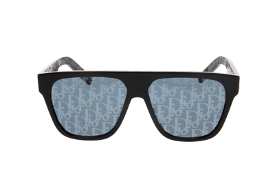Dior Eyewear B23 S3i Rectangular Frame Sunglasses In Shiny Black / Blu Mirror