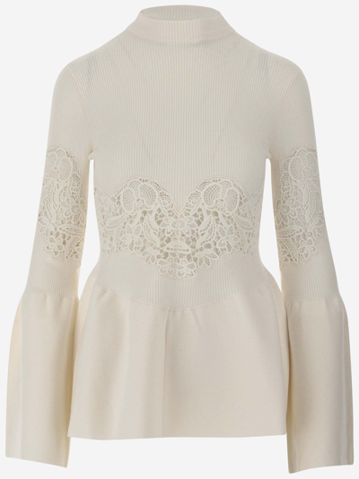 Chloé Lace Compact Wool Ribbed Peplum Top In 107 Iconic Milk