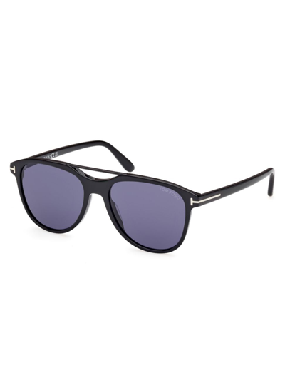 Tom Ford Men's Damian-02 Acetate Oval Sunglasses In Black/blue Mirrored Solid