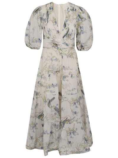 Zimmermann Floral Tiered Midi Dress With Puff Sleeves In Blue