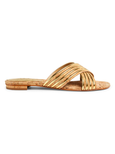 Schutz Latifah Metallic Cork Crisscross Sandals In Ouro Claro/natural