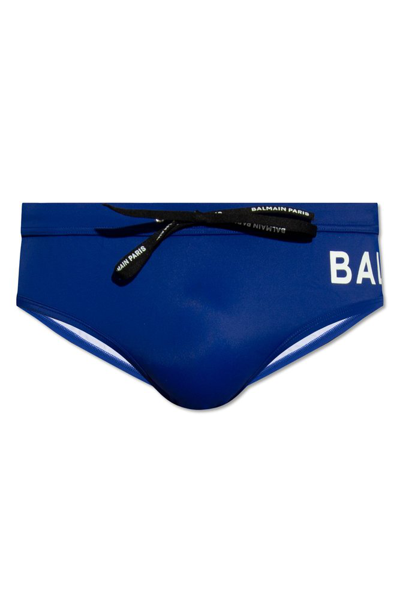 Balmain Logo Printed Drawstring Swim Bottoms In Blue