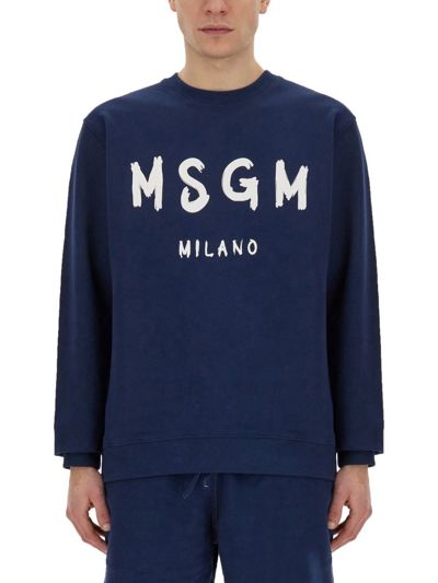 Msgm Logo Printed Crewneck Sweatshirt In Navy