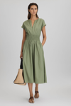 REISS LENA - GREEN COTTON RUCHED WAIST MIDI DRESS, US 0