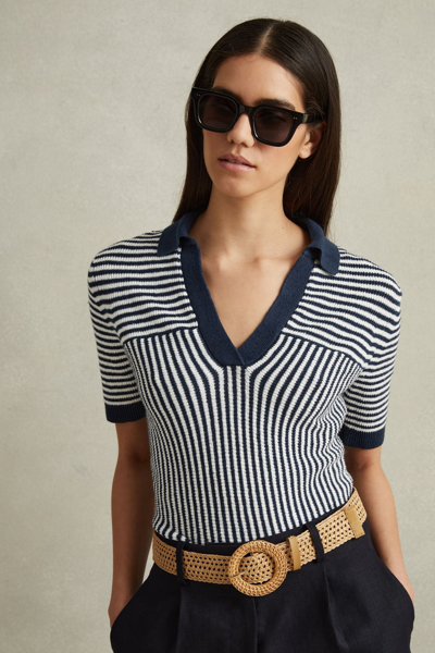 Reiss Stevie - Navy/ivory Linen Blend Open Collar Striped Polo Shirt, L