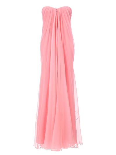 Alexander Mcqueen Strapless Draped Silk Dress In Pink