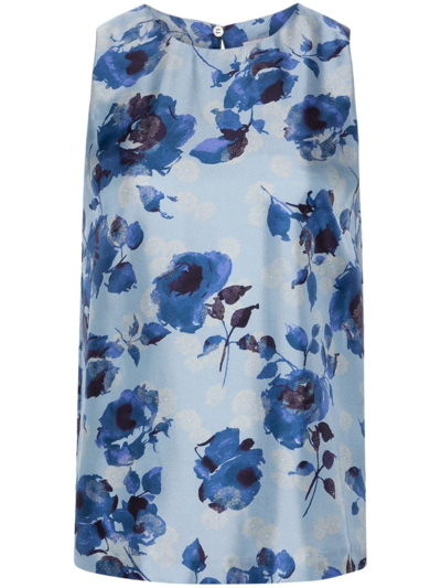 Alberto Biani Floral-print Silk Tank Top In Blue